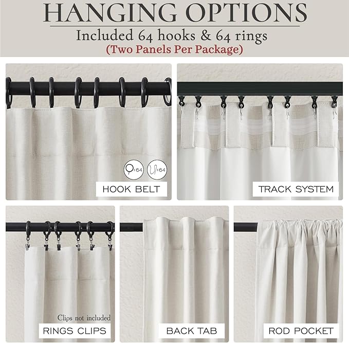 QJmydeco Curtains 100 Inch Length Wide Pleated Blackout Curtain for Sliding Glass Door/Living Room, Farmhouse Birch Linen Thick Boho Bedroom Heavy Insulated Large Window Drapes (100" Wx90 Lx2Panels)