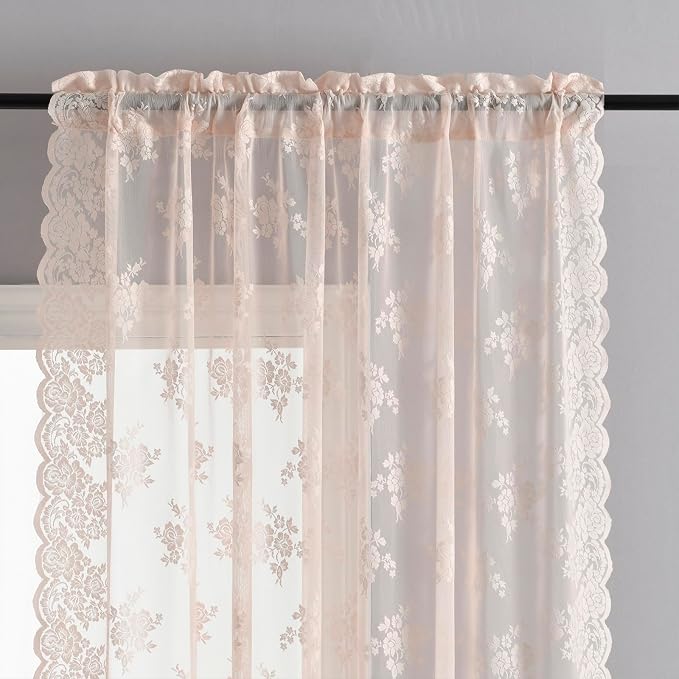 Kotile Blush Pink Lace Curtains 54 Inch Length - Country Rustic Floral Pattern Sheer Lace Curtains for Girls Bedroom, Privacy Short Sheer Curtain for Windows, 52 x 54 Inch, 2 Panels, Blush Pink