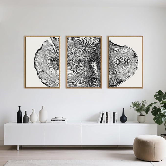 Large Vintage Tree Ring Framed Canvas Wall Art,Abstract Wood Stump Wall Decor,Neutral Annual Ring Artwork,Modern Black and White Art Print for Living Room,Bedroom,Office- 16"x24"x3