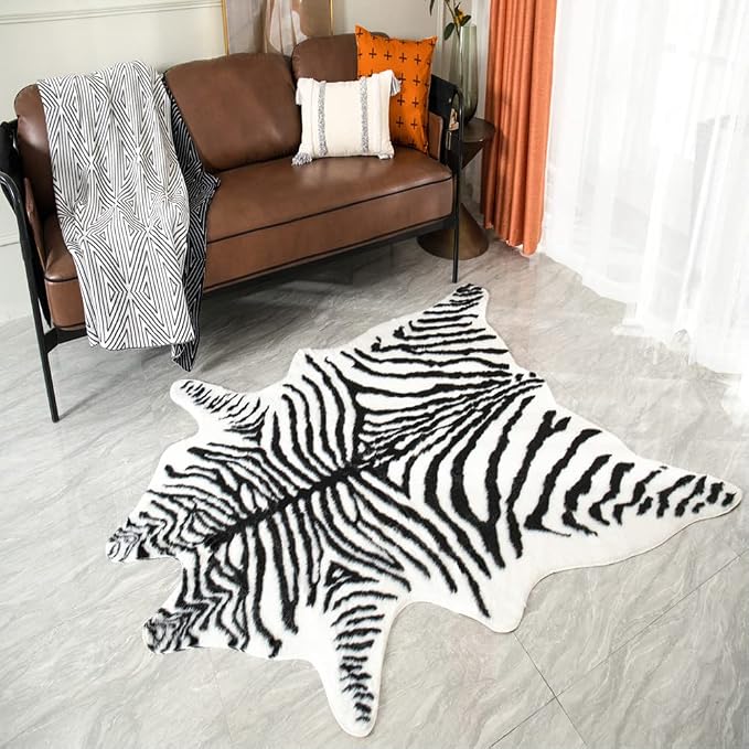Zebra Print Rug Faux Animal Print Skin Area Rug Cowhide Western Decor Cute Carpet for Bedroom Living Room, 4.9x6.6 Feet