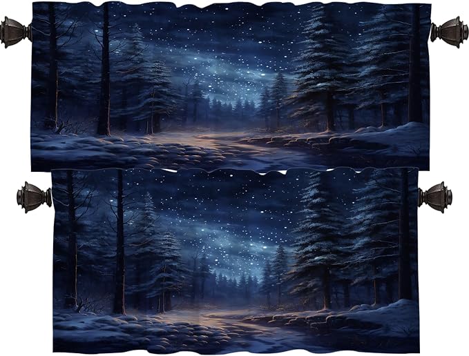 Shrahala Winter New Year Blackout Short Curtains for Windows, Stars Forests Snow Night Kitchen Valance Thermal Insulated Rod Pocket Window Treatment for Bathroom 2 Pack 52 X 16 in
