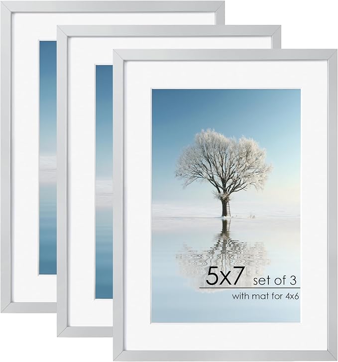 FLYJOE 5x7 Picture Frame - Metal Frame With Mat For 4x6 | 5 x 7 Aluminum Photo Frame | Plexiglass And Hanging Hardware Included | 5x7 Silver Picture Frame | 3Pcs, Silver
