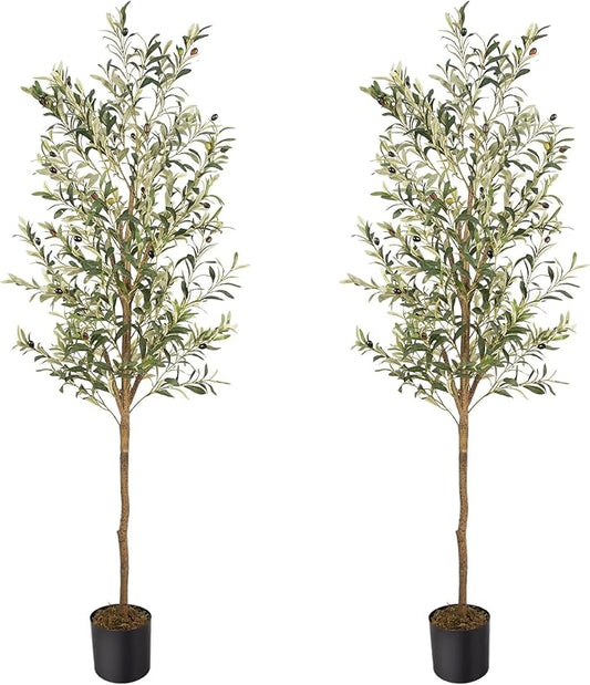 Artificial Fake Olive Tree 6FT Tall 2Pack Faux Silk Olive Tree for Home Living Room Office Decor Faux Artificial Plants Indoor Fake Potted Plants with Fruit & Free Moss