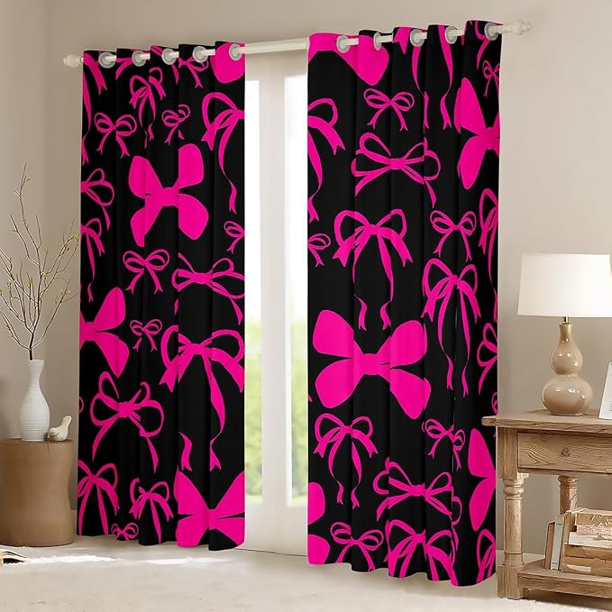 Feelyou Cute Bowknot Room Darkening Blackout Curtain Boys Girls (2 Panels, 42 x 84 Inch) Bow Curtains for Bedroom Living Room Pink Girls Bow Blackout Curtains Kawaii Window Treatments