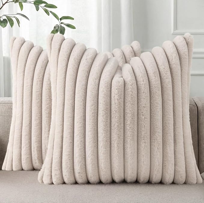 Pallene Faux Fur Plush Throw Pillow Covers 16x16 Set of 2, Luxury Soft Fluffy Striped Decorative Pillow Covers for Sofa, Couch, Living Room, Tan