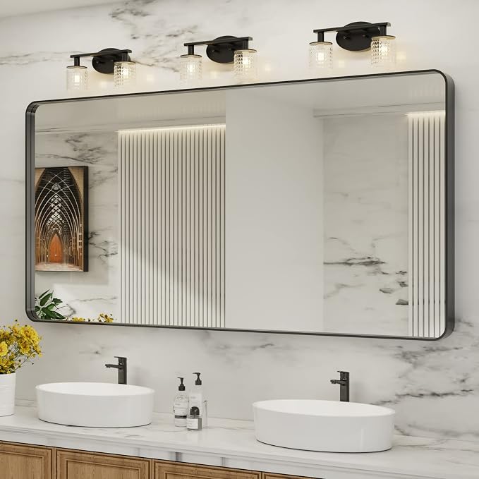 LOAAO Black Metal Framed Bathroom Mirror for Wall, Large 72X32 Inch Rounded Rectangle Mirror, Matte Black Bathroom Vanity Mirror Farmhouse, Anti-Rust, Tempered Glass, Hangs Horizontally or Vertically