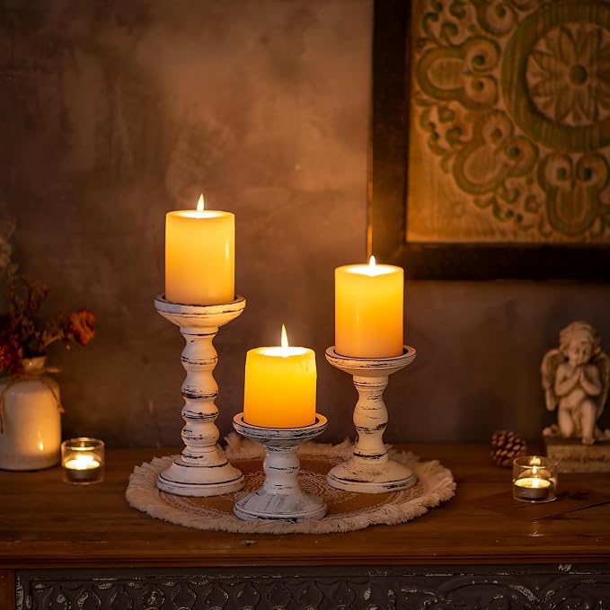 Candeldo Wood Candle Holders for Pillar, White Farmhouse Fireplace Decor | Set of 3, Table Centerpiece, Tall Shabby Chic Decor, Wooden Rustic Decorations for Mantle