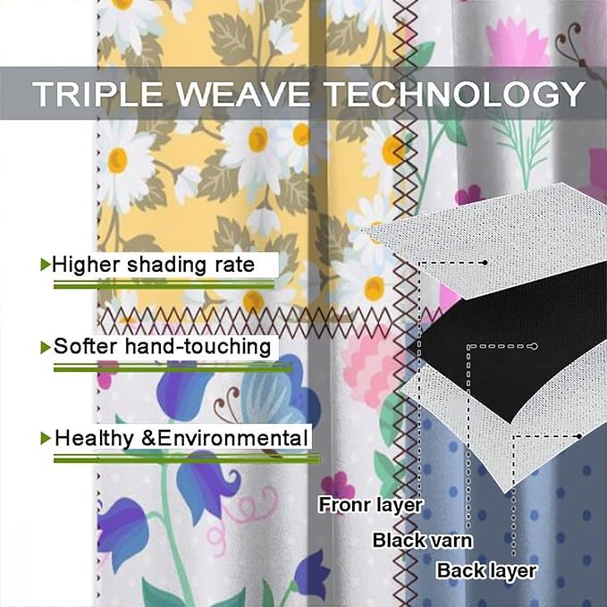 Boho Patchwork Floral Blackout Curtains Boho Vintage Flower Bohemian Colorful Spring Retro Print Window Drapes for Bedroom Living Room Kitchen Cafe （W31.5xL72 Inch） x2 Panels