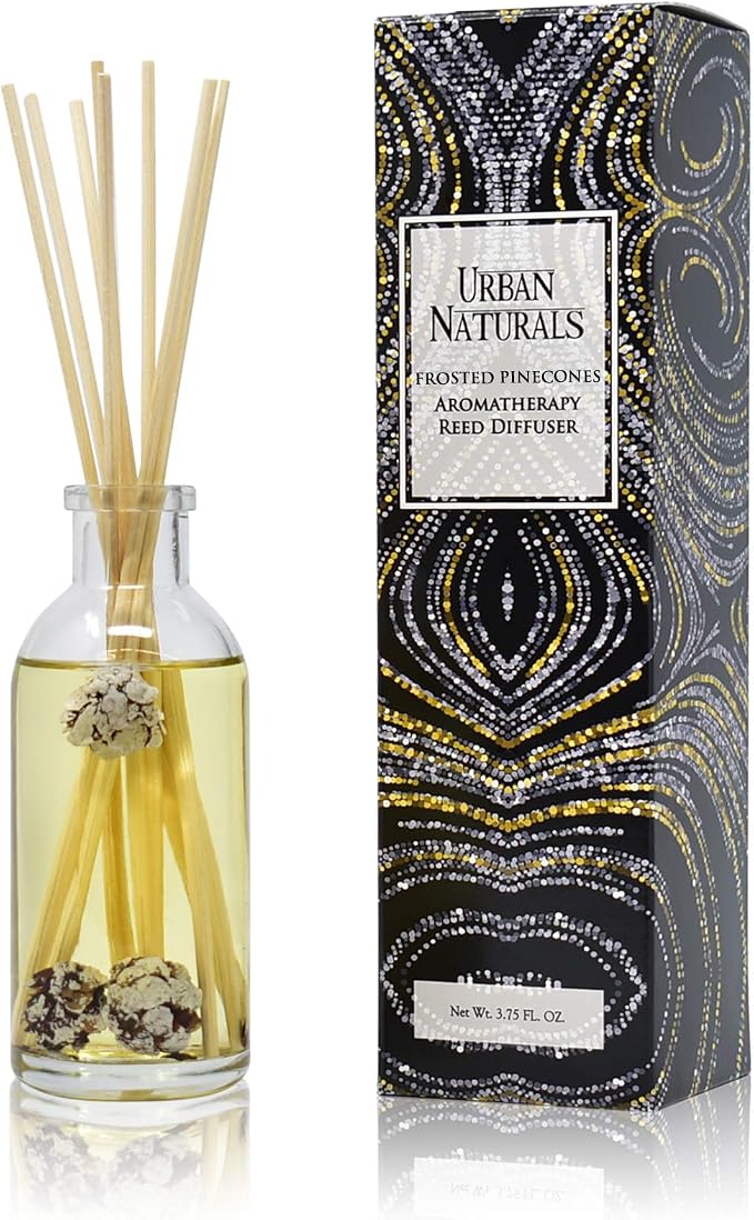 Urban Naturals Reed Diffuser Set, Frosted Pinecones - Bathroom Shelf Décor | Holiday Scented, Pine, Cinnamon, Clove, Cedar wood, Sandalwood and Vanilla Bean Scent Notes
