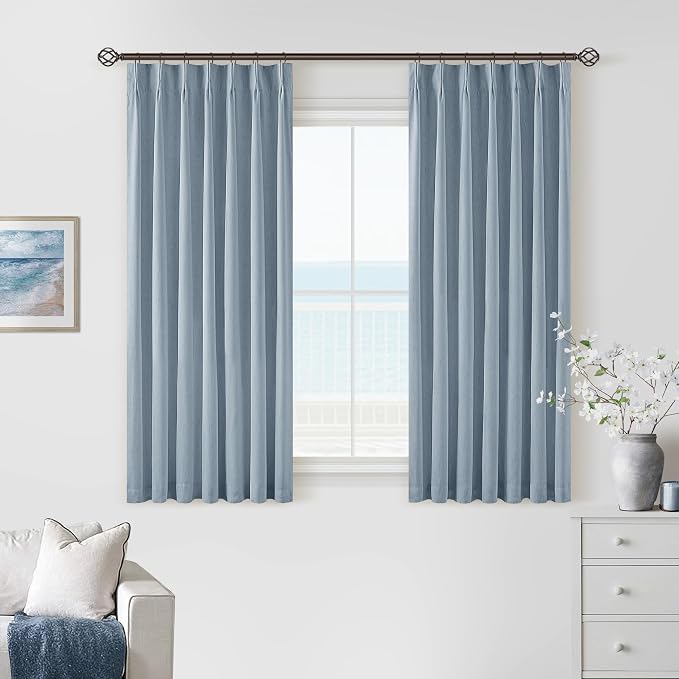 Dusty Blue Linen Blackout Curtains 45 Inch Length 2 Panels Pinch Pleated Back Tab Short Curtains for Kitchen with 100% Blackout Liner Neutral Farmhouse Drapes for Basement Thermal Insulated Drape