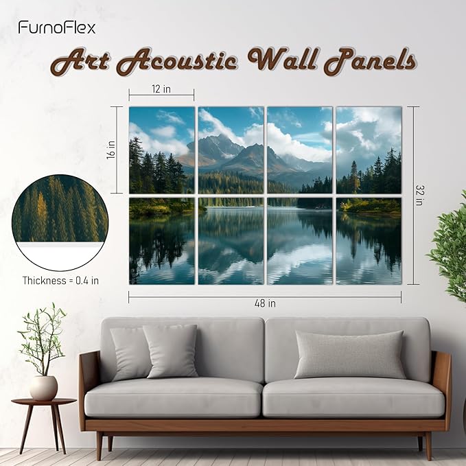 FurnoFlexArt Acoustic Panels Tiles Decorative Room Sound Proof Foam Absorbing Panels Noise Dampening Canceling Reducing Blocker for Walls (Mountain Lake View, 48 * 32 in)