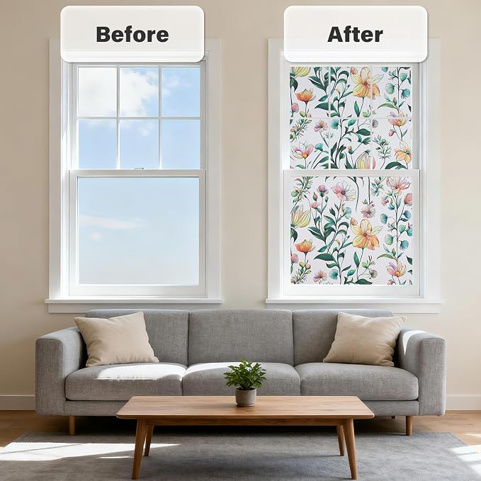 Donox Window Privacy Film, Frosted Stained Glass Window Films, Static Cling Non-Adhesive Decorative Windows Sticker for Front Door Bathroom, Heat Control Anti UV(17.5 x 78.7 Inches)