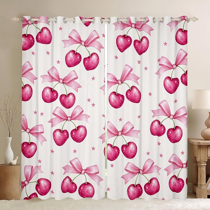 Feelyou Pink Girls Bow Room Darkening Blackout Curtain (2 Panels, 52 x 63 Inch) Bow Curtains for Bedroom Living Room Kawaii Cherry Prints Blackout Curtains Cute Bowknot Window Treatments