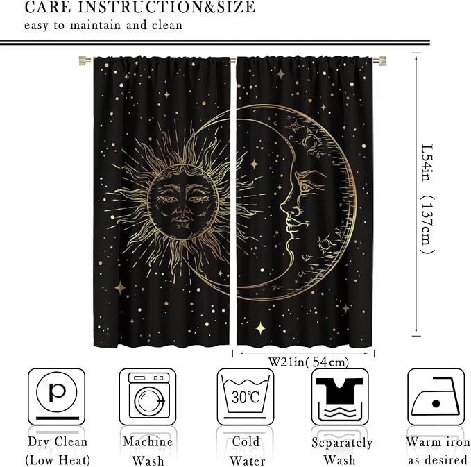 Gold Sun and Moon Blackout Windows Curtains, Fantasy Mandala Bohemian Universe Galaxy Printed Curtains, for Living Room Bedroom 42x54in 2 Panels