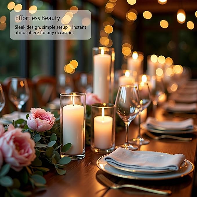 12-Pc White Pillar Candles & Clear Hurricane Glass Candle Holders, 3 Sizes | 12 dripless candles + 12 clear borosilicate glass cylinder vases. Wedding, home, party decor. Unscented, long burn