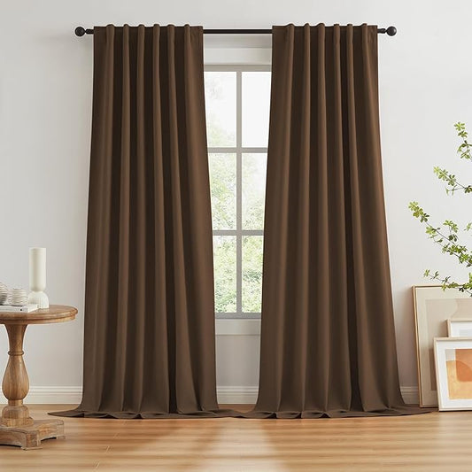 KEQIAOSUOCAI Brown Linen Textured Blackout Curtains 120 Inches Long for Living Room, Light Blocking Canvas Look Curtain Drapes Chocolate Brown 50 by 120 Inch Length 2 Panels Back Tab Rod Pocket