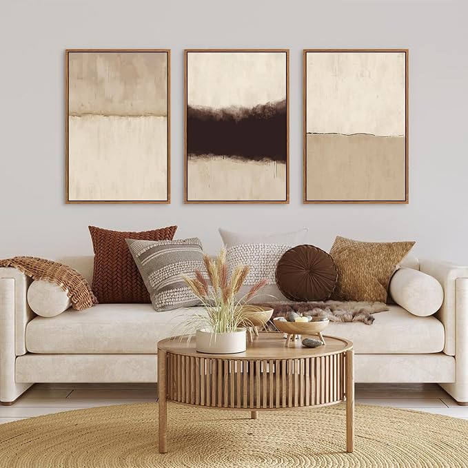 CHDITB Neutral Abstract Wall Art Set of 3, 24"x36" Large Framed Textured Wall Decor, Minimalist Modern Wall Painting, Beige Black Canvas Art Print for Living Room, Bedroom, Dining Room, Office