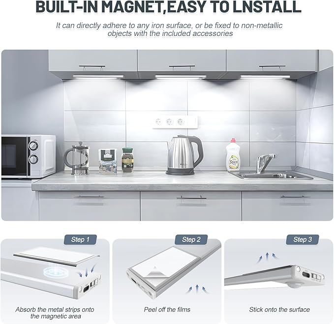 6 Pack Under Cabinet Lighting Wireless, 40 LED Rechargeable Battery Motion Sensor Light Indoor, Stick On Magnetic Closet Lights, Under Counter Lights for Kitchen, Stairs, White 10 in
