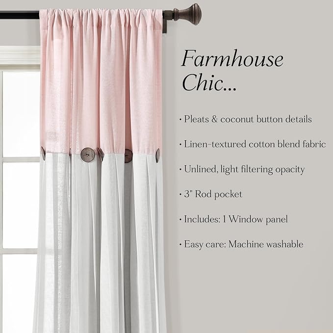 Lush Decor Linen Button Window Curtain Panel, Single, 40" W x 63" L, Blush & Off White - Country Curtains - Rustic Decor - Color Block Modern Farmhouse Curtains For Living Room, Bedroom & Dining Room
