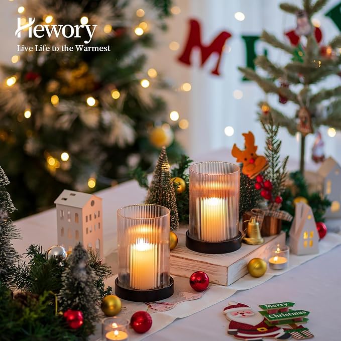 Hewory Ribbed Hurricane Candle Holder: Black Votive Candle Holders Set of 2, Glass Hurricane with Metal Candle Plate, Pillar Candle Holder for Table Centerpiece Christmas Wedding Holiday Home Decor