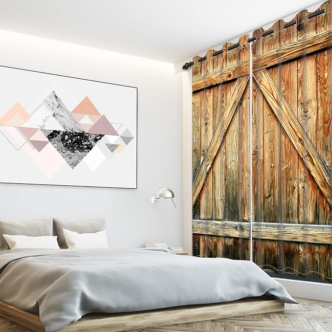 Closed Door Barn Door Curtains Rustic Vintage Wood Door Wooden Plank Window Curtains Farmhouse Countryside Living Room Kitchen Curtains Drapes Treatments Grommets Top,26x63 inch,2 Panels