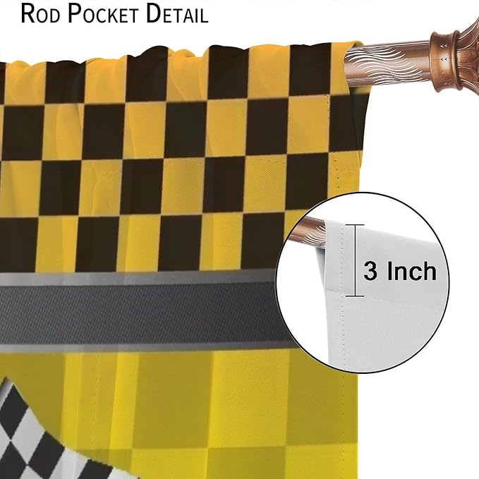Race Car Blackout Curtain,Kid Boys Checkered Flag Motorsport Yellow Black Grid Print Window for Cafe Dining Room Office Living Room Kitchen Bedroom Drapes Decor, 42x45 in