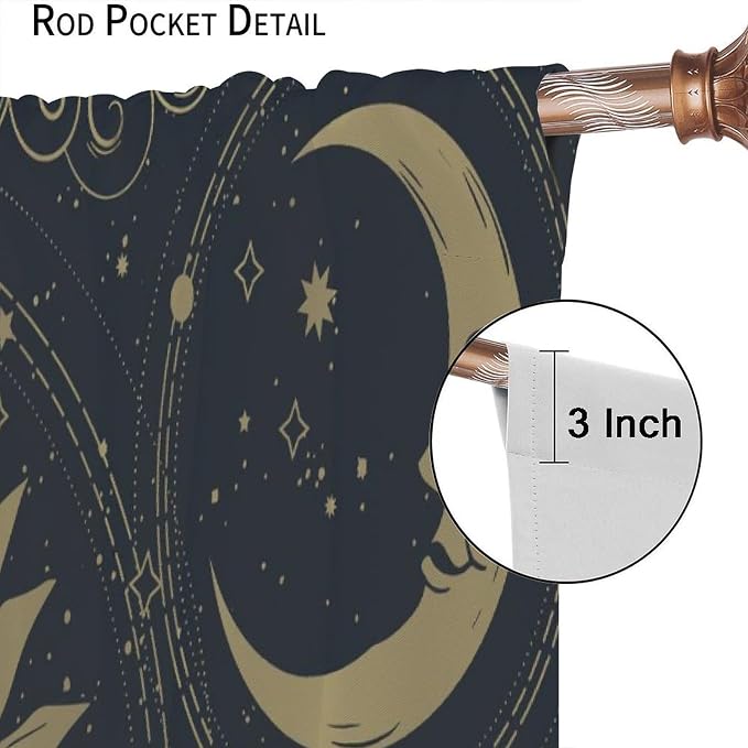 Bohemian Sun Moon Blackout Curtains, Golden Sun Moon Stars Vintage Galaxy Printed Window Drapes, for Bedroom Living Room 72" W X 63" L