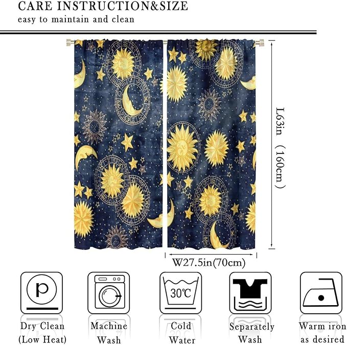 Boho Sun Moon Blackout Window Curtains, Bohemian Golden Sun Moon Stars Print Rod Pocket Window Drapes, for Living Room Bedroom 55x63in 2 Panels