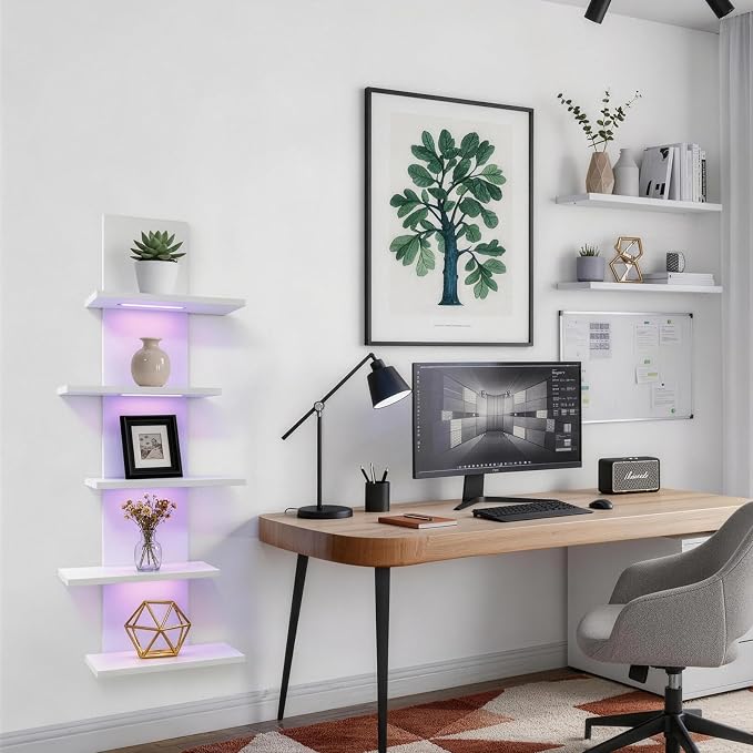 VIWODS 5 Tier Wall Shelf Unit-White Floating Shelves with Light for Home Decor, Modern Unique Asymmetric Design for Bedroom & Living Room Storage