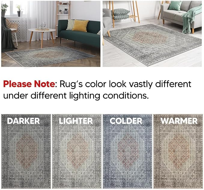 Keen Home Design 8x10 Rug - Machine Washable Area Rug with Non-Slip Backing, Ideal for Living Room, Dining Room, Bedroom - Vintage, Easy Clean, Durable, Low Pile - (8' x 10')