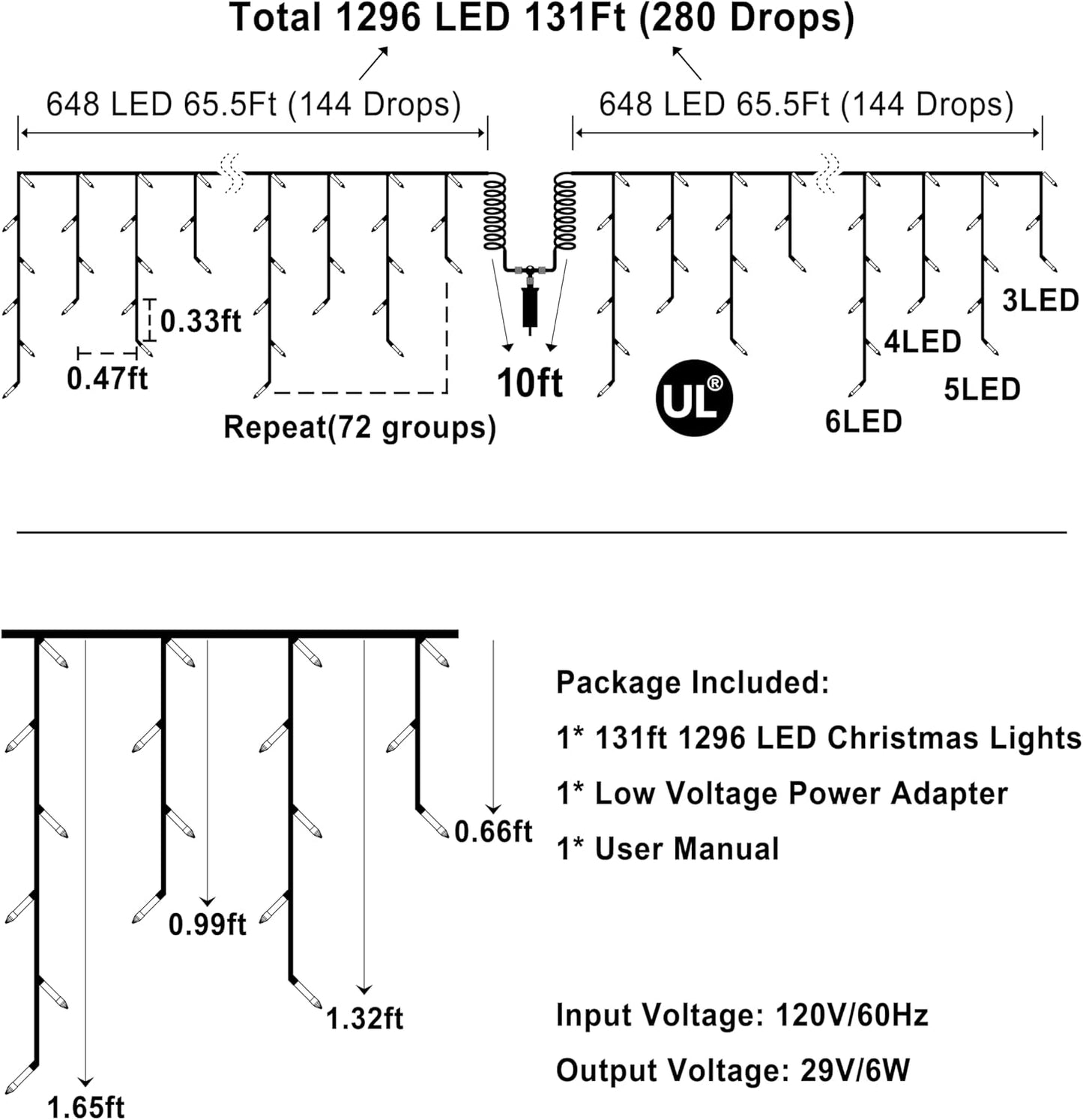 1296LED Christmas Lights with 288 Drops, 131ft 8 Modes Christmas String Lights Outdoor, Waterproof Christmas Decorations Fairy Lights with Timer Memory for Party Patio Window Fence Blue & CoolWhite