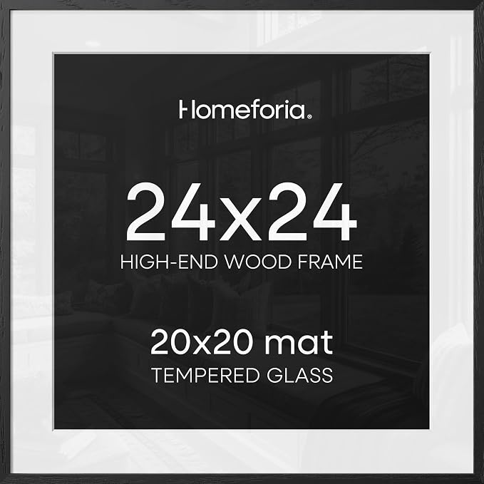 Homeforia 24x24 Black Wood Frame, High End Oak 24 x 24 Square Picture Frames with Mat 20 by 20 inches Photo, 24by24 Black Wooden Poster Frames Matted to 20x20 Print, Tempered Glass, Wall Kit, Set of 3