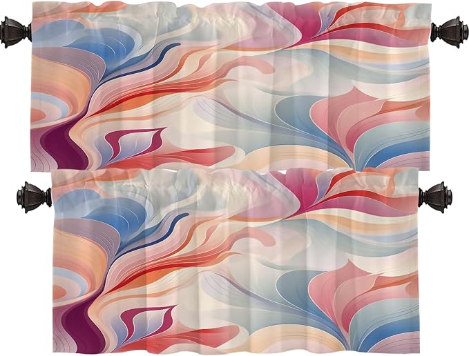 Shrahala Colorful Waves Blackout Short Curtains for Windows, Fluid Abstract Pattern Kitchen Valance Thermal Insulated Rod Pocket Window Treatment for Bathroom 2 Pack 52 X 16 in
