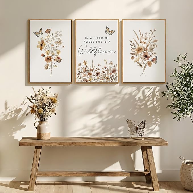 Framed Farmhouse Wildflower Floral Wall Art for Bedroom, 3 Piece Neutral Botanical Canvas Prints Painting, Rustic Flower Picture Wall Decor for Living Room Hallway Nursery Girls Room, 16x24 Inch