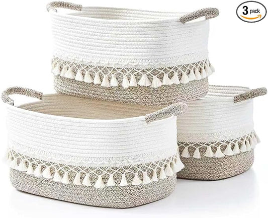 Woven Baskets, 3-Pack Storage Basket for Living Room, Bedroom, Nursery, Stylish Gift Basket with Handles, Cotton Rope Basket for Toys and Shelves, Multi-Purpose Organizer, White/Beige
