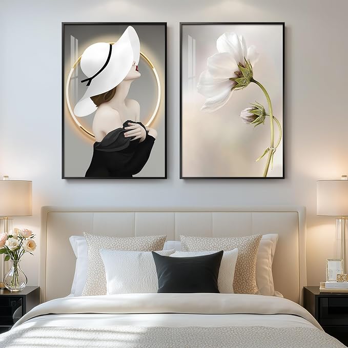 Framed Modern Woman Wall Art for Girls Bedroom, Set of 2 Black and White Luxury Floral Artwork for Walls, Large Bright Style Modern Art Picture Print for Living Room Office Hallway Bedroom, 20x30 Inch