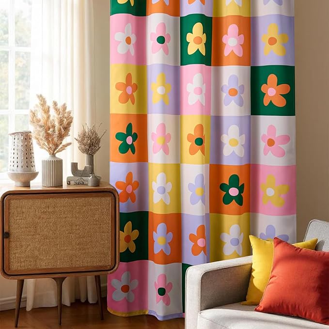 RoomTalks Checkered Floral Blackout Window Curtains for Bedroom Living Room 84 Inches Length 2 Panels, Colorful Retro Daisy Flowers Cute Curtain Panels Funky Aesthetic Dorm Window Drapes