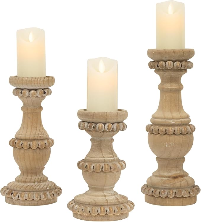 Farmhouse Wooden Candle Holders for Pillar Candles, Set of 3 Vintage Wooden Beaded Candle Holder, Tall Candle Stand Decorative for Living Room, Table Centerpiece (Natural)