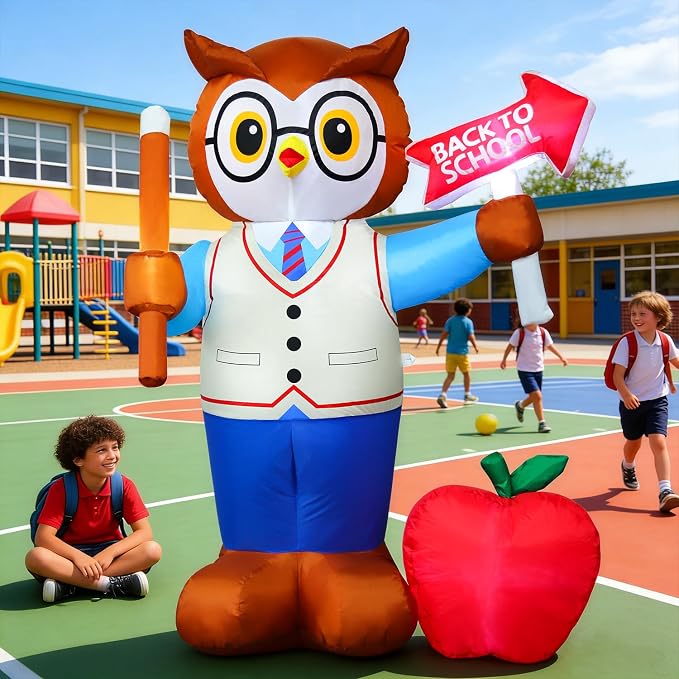 DomKom 5FT Back to School Inflatable Professor Owl with LED Lights, Blow Up Yard Decor with Apple & Pencil, Waterproof Lawn Ornament for First Day School, Classroom Welcome & Graduation Party