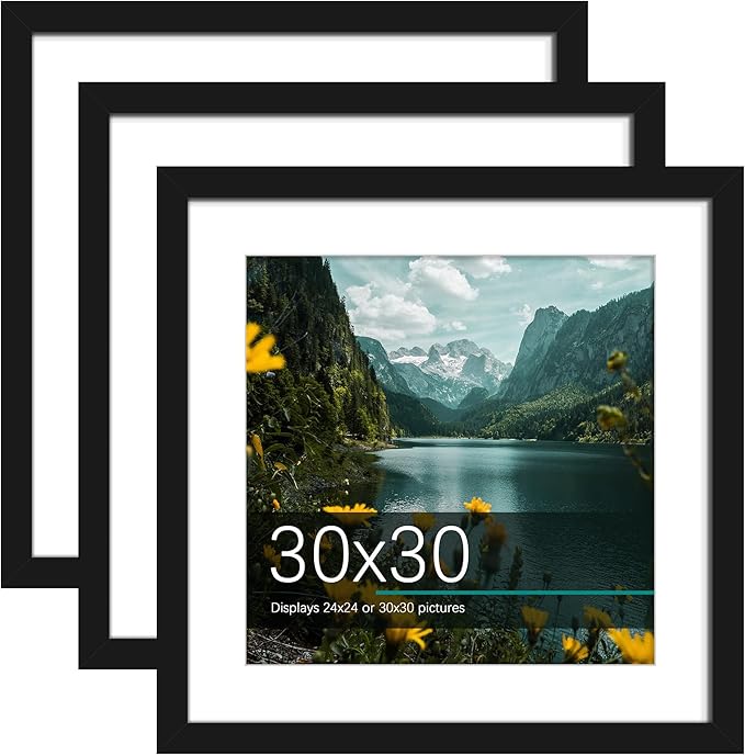 Picrit 30x30 Picture Frame 3 Pack, Black Poster Frame, Display Poster 24 x 24 with Mat or 30 x 30 without Mat for Horizontal or Vertical Wall Mounting