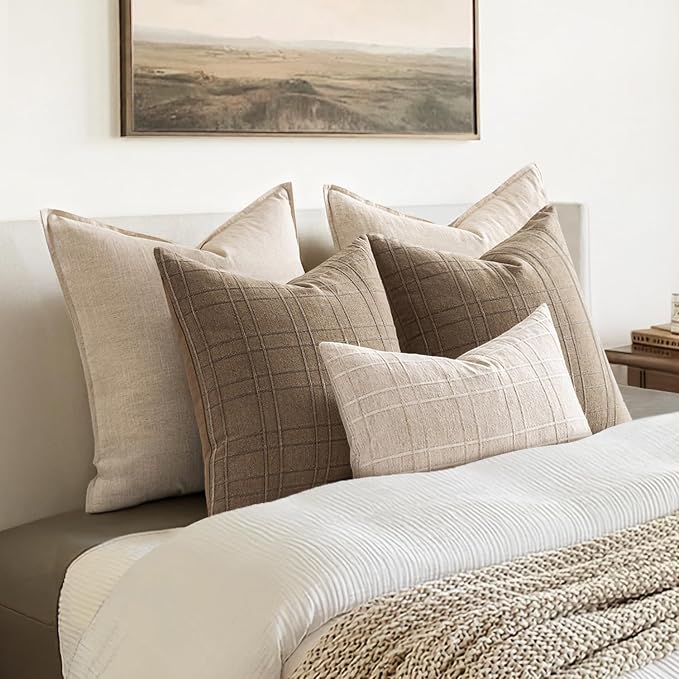 MIULEE Decorative Linen Check Lumar Throw Pillow Covers Neutral Farmhouse Vintage Pillow Covers 12x20 Set of 2 Boho Modern Home Decor for Sofa Couch Bedroom Cushion Natural Beige