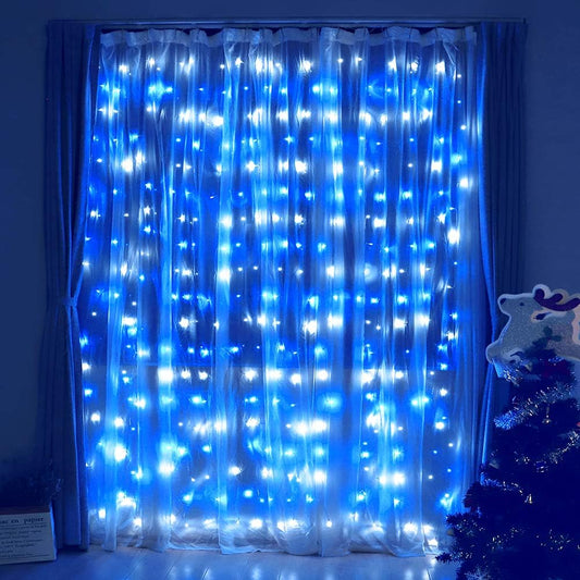 HEYFUNi Fiee Curtain Lights,304L 9.8ftX9.8ft 30V 8Modes Safety Window Lights for Home Wedding Christmas Party Patio Lawn Garden Bedroom Outdoor Indoor Wall Decorations (304LED, Blue+White)