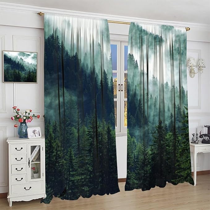 Green Forest Curtains, Watercolor Mountains Nature Forest Plants Trees Flying Birds Blackout Window Treatments, Thermally Insulated Drapes for Kids Boys Girls Living Room Bedroom Nursery 42x63in