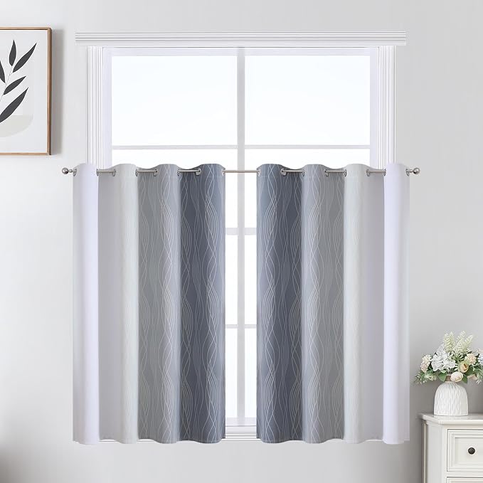 Estelar Textiler Grey and Greyish White Ombre Short Blackout Curtains 36 Inch Long, Thermal Insulated Grommet Small Half Window Drapes for Cafe/Basement/RV Camper/Kitchen, 52Wx36L, 2 Panels, Gray