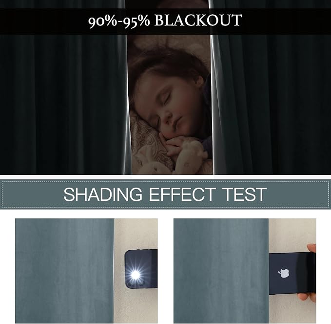 RYB HOME 2 Layers Extra Thick Heavy Thermal Velvet Curtains Insulated, Solid Blackout Window Curtains for Living Room Light Block Privacy Backdrop with Pleat Tape, Stone Blue, W48 x L84 inch, 1 Panel
