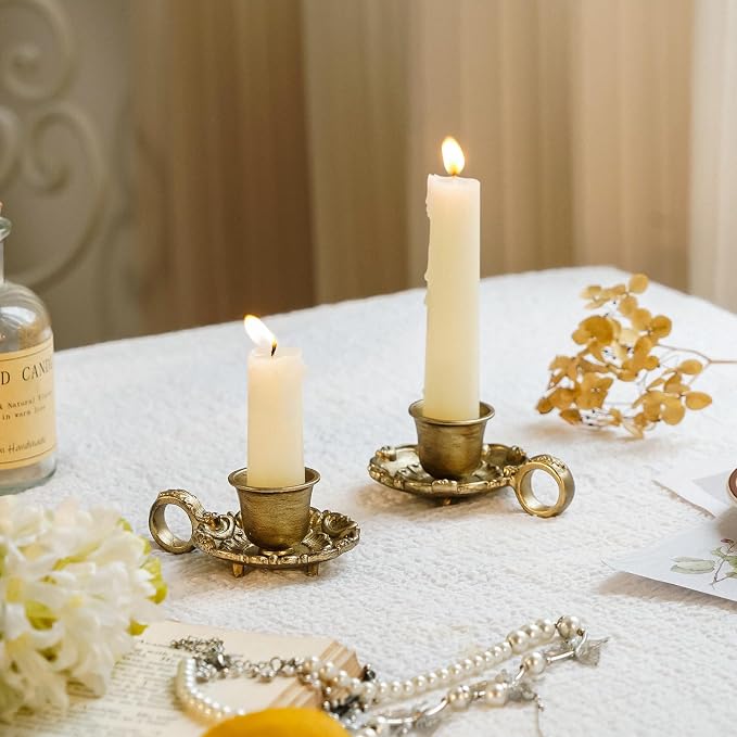 NIKKY HOME Vintage Gold Taper Candle Holders Set of 2, Handle & Tray | Antique Metal Candlestick Stand with Finger Loop, Short Candle Stick Base for Table Centerpieces, Wedding, Mantel Decor