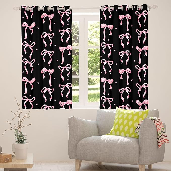 Feelyou Girls Bow Curtains for Bedroom Living Room Black Pink Bowknot Blackout Shades Kawaii Cute Princess Style Room Darkening Curtain Coquette Aesthetic Window Treatments, 2 Panels 52 x 96 Inch