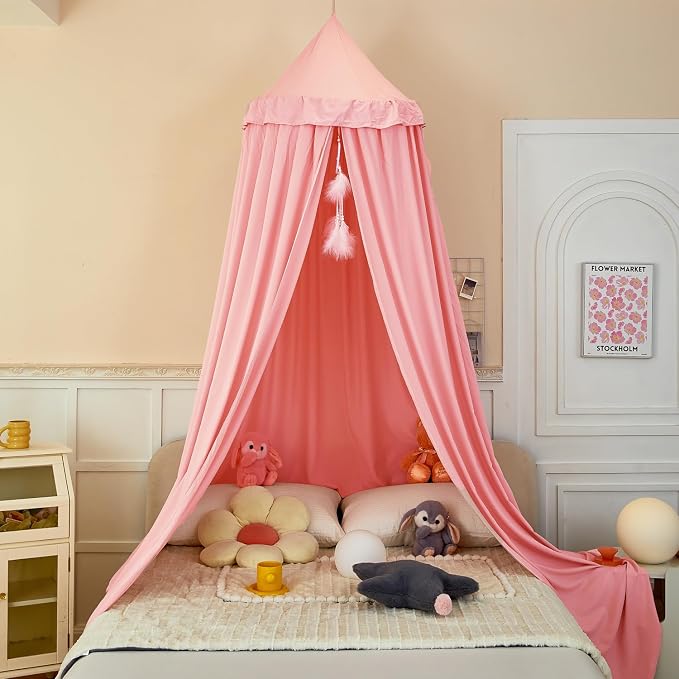 Princess Bed Canopy for Kids, Soft and Durable Dreamy Mosquito Net Bedding, Girls Room Tent, Children Reading Nook Indoor Decor (Coral Pink)