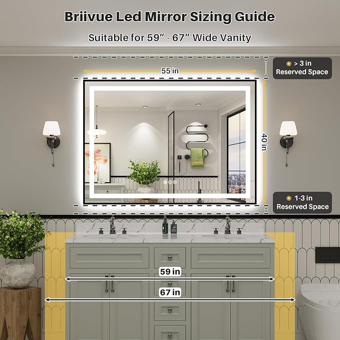 55x40 Inch LED Bathroom Mirror with Black Frame, Backlit & Front Lit, Anti-Fog Lighted Bathroom Vanity Mirror for Wall, Memory Function, Dimmable, HD Tempered Glass, Shatter-Proof