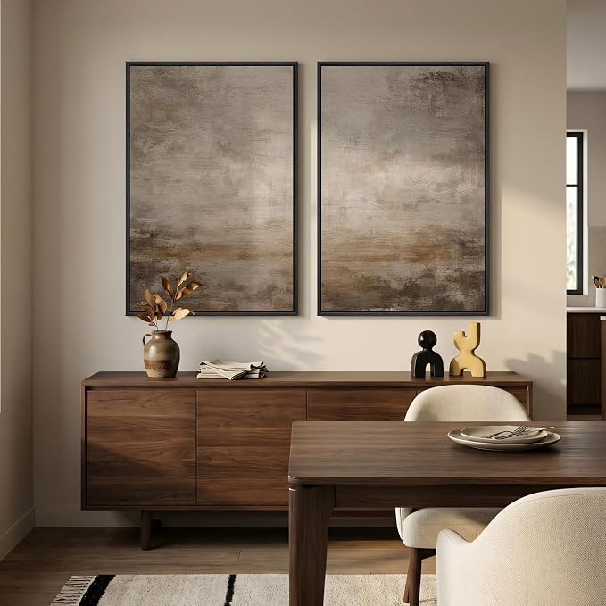 Large Framed Neutral Abstract Wall Art Set of 2 for Living Room, Minimalist Modern Brown Grey Canvas Artwork for Walls, Wabi Sabi Rustic Painting Print Wall Decor for Bedroom Home Office, 24x36 Inch